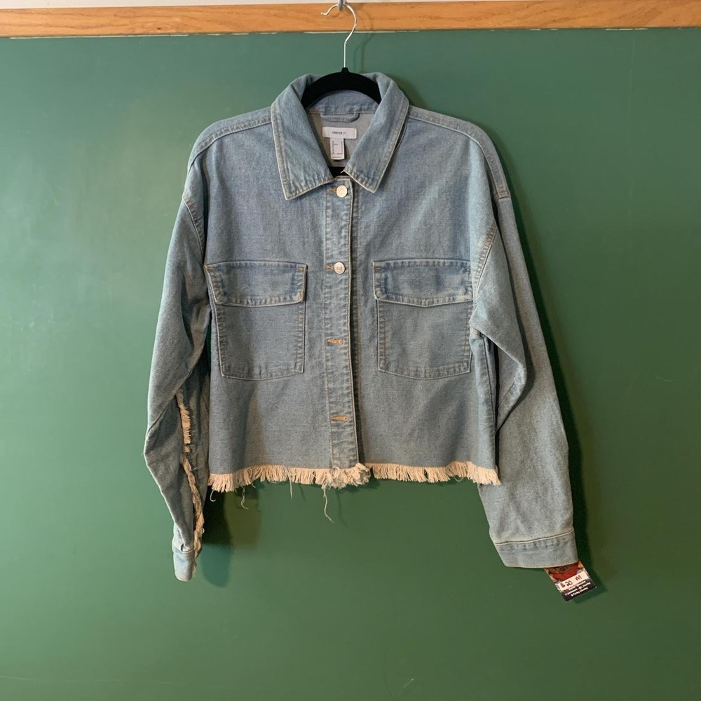 Forever 21 Light Blue Fringe Denim Jacket Medium Retro Hipster Preppy